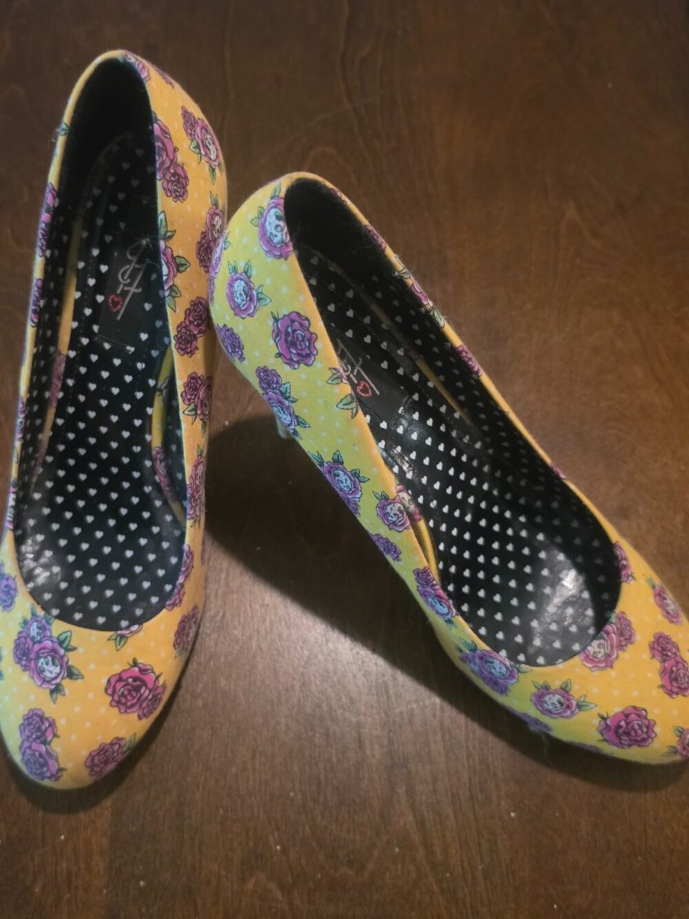 Iron Fist Yellow Floral Peep‑Toe Heels — Purple & Pink Roses — Rare Print Size 9
